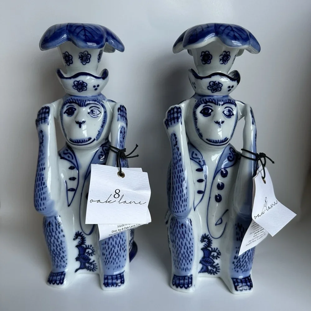 NWT 8 Oak Lane Blue White Porcelain Chinoiserie Monkey Candlestick Set 9 Inch